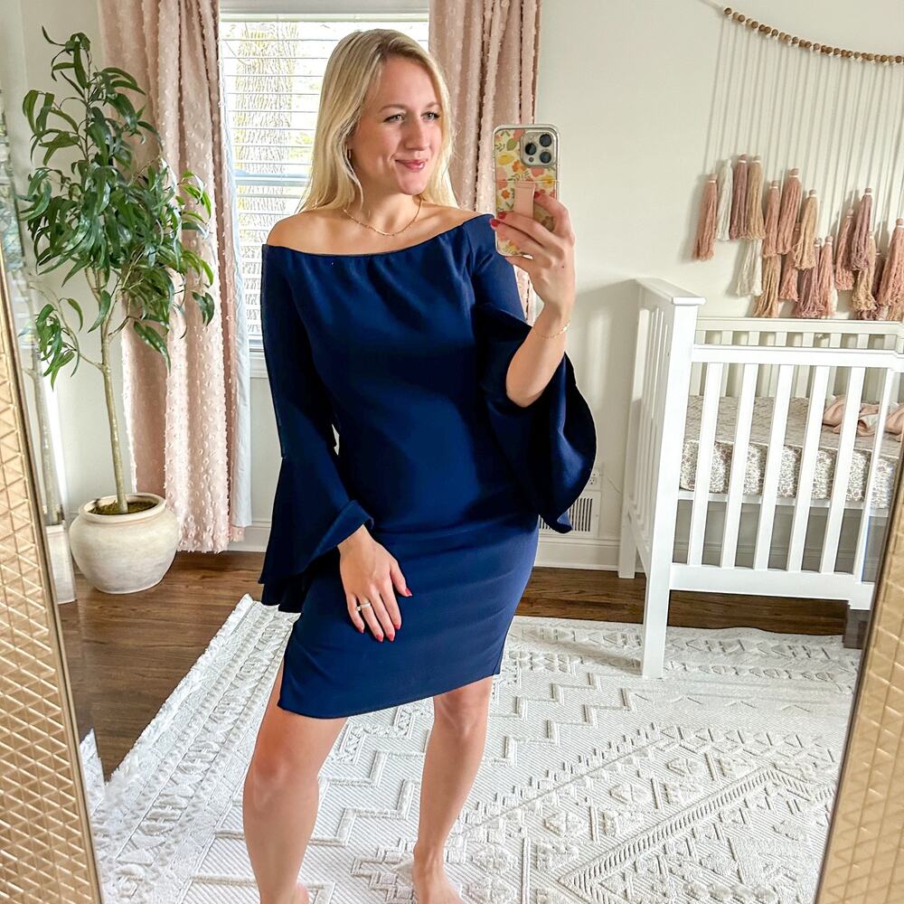 Bardot Solange Off Shoulder Fluted Bell Sleeve Dress Navy Blue